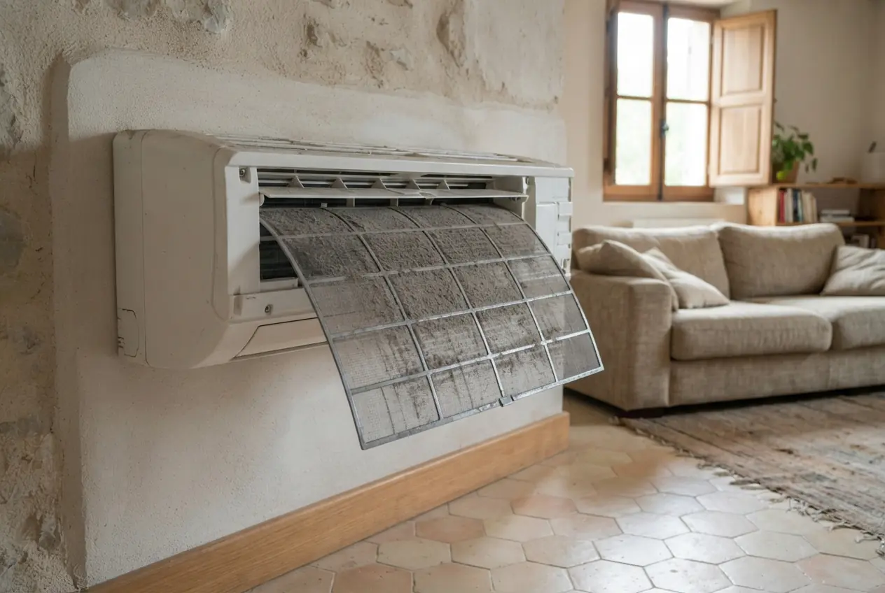 Filtre de climatiseur encrassé avant nettoyage à Arles